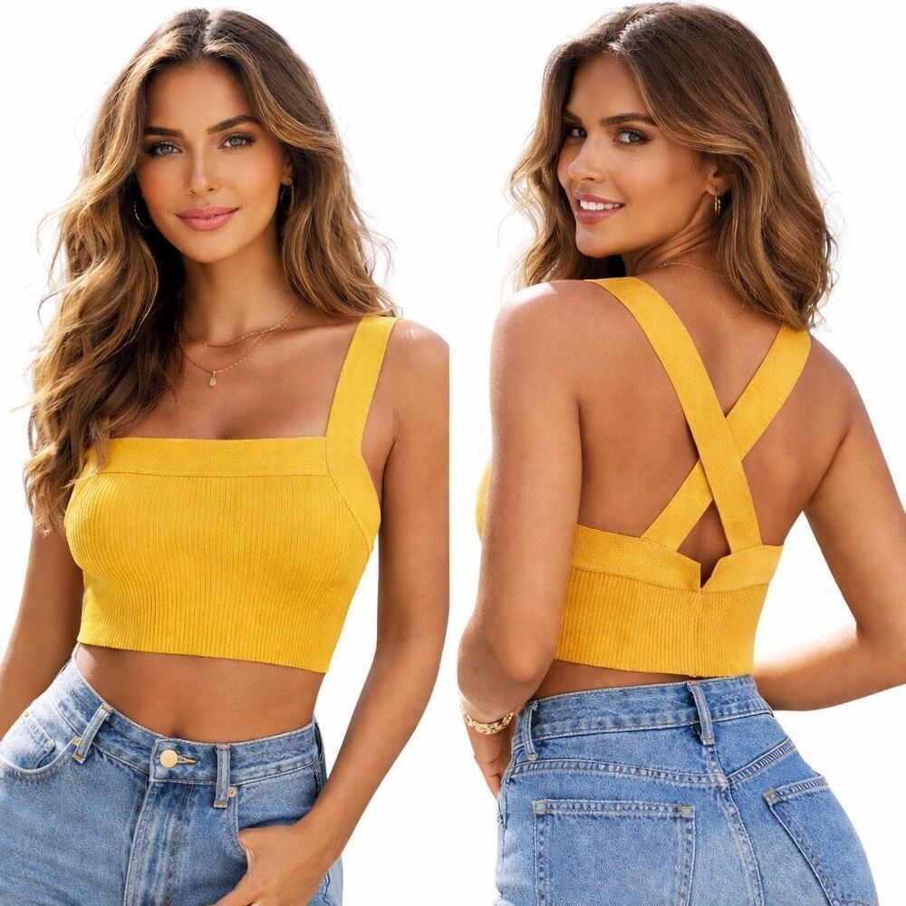 House of Harlow 1960 Luxe Essentials Ribbed Crop Top NWT Mustard Yellow Large